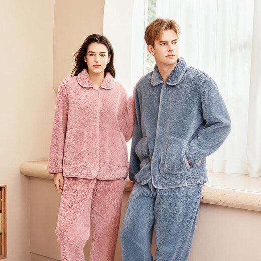 American Standard Winter Couple Pajamas Flannel Set Women's Coral Fleece Men's Home Clothes Plus Velvet to Keep Warmth Air Blue 2XL