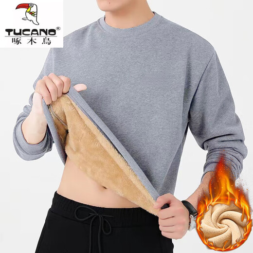 Woodpecker (TUCANO) velvet thickened trendy sweatshirt winter round neck pullover sherpa men's coat-like loose warm top Y900 sherpa warm black A080 XL 110-130Jin Jin equals 0.5 kg