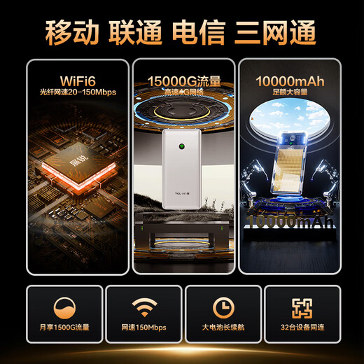 TCL随身wifi三网通用免插卡2025充电宝款无线wifi6+车载4G路由器便携无限制移动联通电信全国通用5GXY 有线充电无线上网【10000毫安超长续航72小时】 不限速不虚标月享1500G高速流量