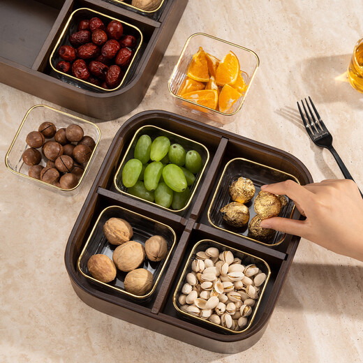 Flower Language Four Seasons Home Living Room Dried Fruit Box Solid Wood Nut Snack Storage Box 2025 New Chinese Style Melon Seed Candy Compartmented Fruit Plate Jinfu Handle 4 Compartments Rounded Corners Single Layer + 4 Square Bowls