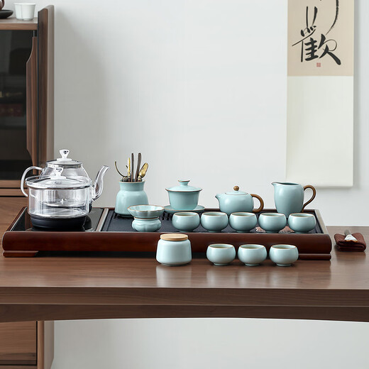 Tangfeng tea set with tea tray, household high-end automatic tea table kettle, integrated tea maker, full set of teapots and cups, Tengshan tea tray + Liming water boiler + Tianqing Xishi pot 14 heads + Tianyuan (impulse model)