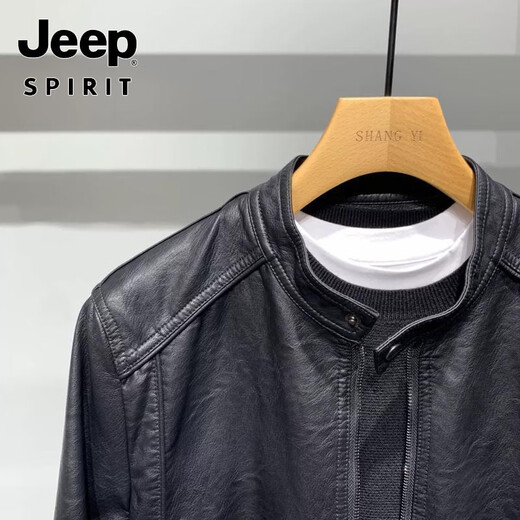 JEEP SPIRIT motorcycle leather jacket for young men spring new Korean version trendy slim handsome versatile stand collar riding leather jacket black L recommended weight 100-115Jin Jin equals 0.5 kg