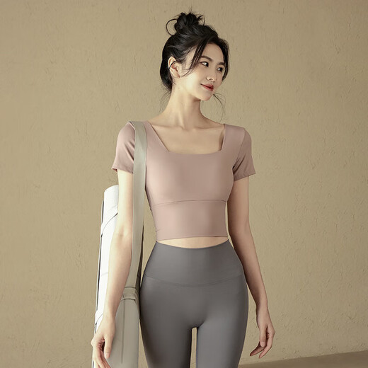 Zailu Yoga Wear Short Sleeve Women's Summer Pilates Fitness Top Slim Fit Sports Belt Padded Yoga Wear Square Neck Yoga Short Sleeve Pink M