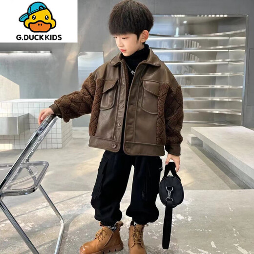G.DUCKKIDS boys' leather jacket autumn and winter new style velvet thickened winter 2025 children's splicing thickened medium and large children's jacket coffee color 140 cm