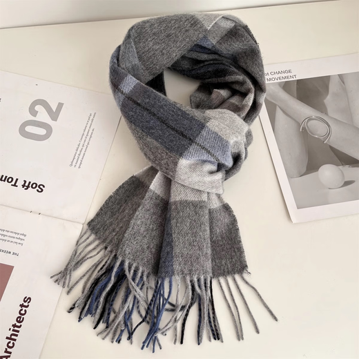 Muzhou Yujian goods 100% Australian pure wool scarf plaid winter warm scarf for men and women, versatile couple style, blue mocha plaid (100% Australian wool new plaid pattern)