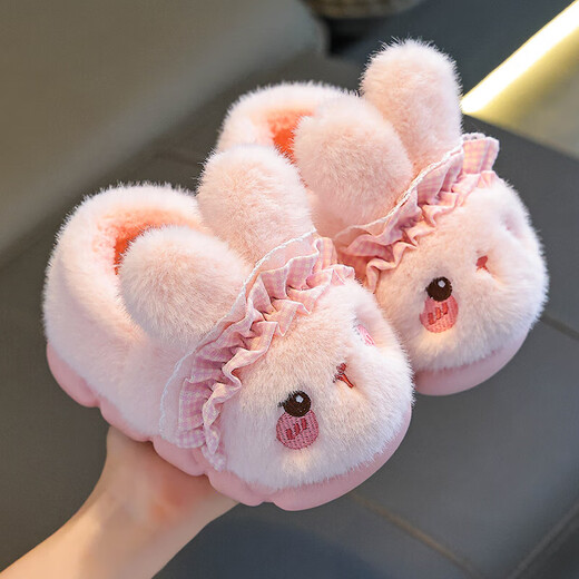 Rabbit Children's Cotton Slippers for Boys Winter Cartoon Cute Non-Slip Indoor Bath Soft Soled Baby Slippers Upgraded Eco-friendly Material White (Heel Included) Size 12 24/25 (Shoe Inner Length 15CM Suitable for Foot Length 14