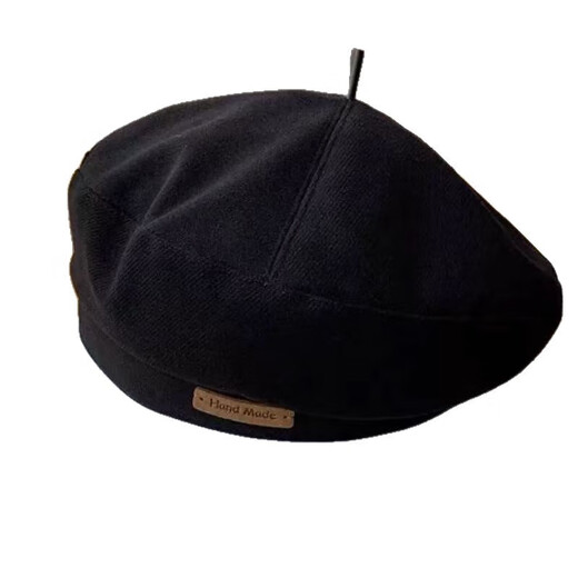 Hat ladies beret temperament pure and elegant black woolen face small spring and summer beret hat literary British style leather label beret black