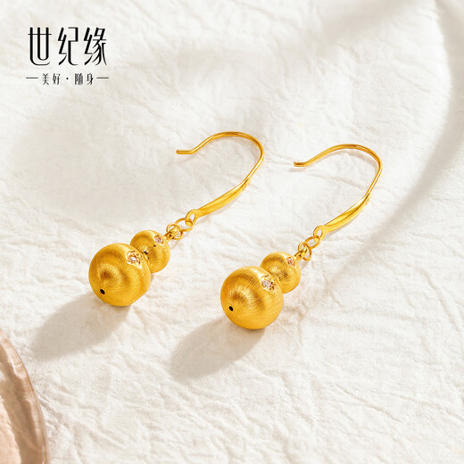Century edge brushed gourd 18K gold earrings inlaid with zircon Fulu ear hooks Chinese style classic birthday gift for girlfriend