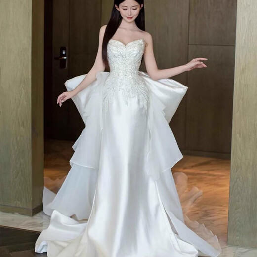ANJY French Satin Light Wedding Dress 2025 New Heavy Industry Engagement Dress Tube Top Going Out Fishtail Bridal Toast Wear 125 White L