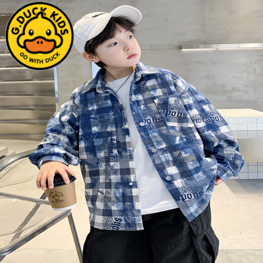 G.duck children's clothing boys' autumn shirts spring and autumn 2025 new style medium and large children handsome boys autumn plaid shirt trendy blue spring and autumn 120 cm