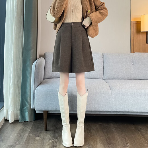 Pierre Cardin navy blue woolen shorts for women autumn and winter 2025 new high-waisted slim a-line outer wear wide-leg temperament mid-length pants dark gray L 108-120Jin Jin equals 0.5 kg Select