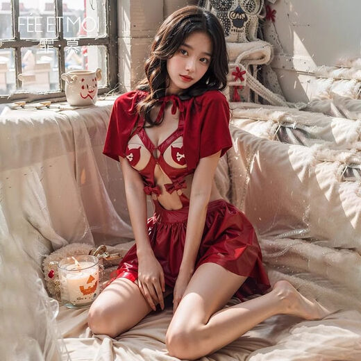 Christmas cos Little Red Riding Hood Breastless Dress SM Sexy No-Take Off Erotic Underwear Uniform Devil Suit Tempts Husband to Show Breasts Little Red Riding Hood Breastless Dress Chest Paste *2T Pants One Size