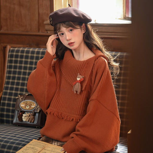 Mori Girl Tribe Lazy Style Autumn and Winter Cute Bear Design Sweater Women's 2025 New Loose Pullover Sweater Caramel Brown S Model Size