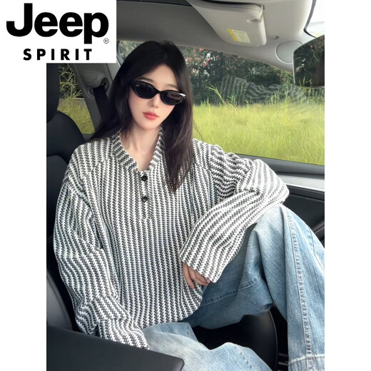 JEEP SPIRIT herringbone pattern American Henry collar sweatshirt men's autumn heavy houndstooth long-sleeved t-shirt polo inner layering shirt gray V-neck M (100-115Jin Jin equals 0.5kg)