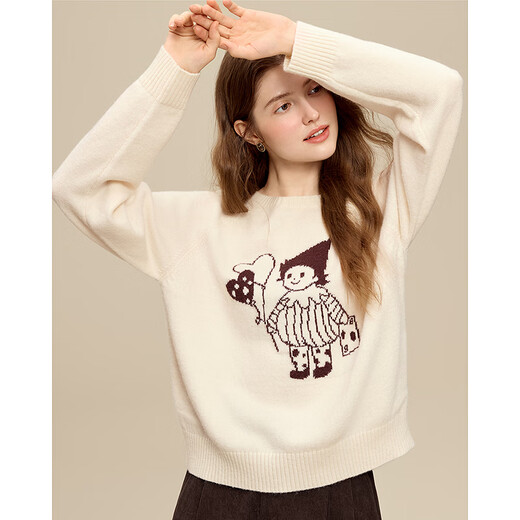 Betu Women's 2025 Winter New Sweater Fun Pattern Round Neck Simple Slim Top Women 2511T52 Light Apricot M