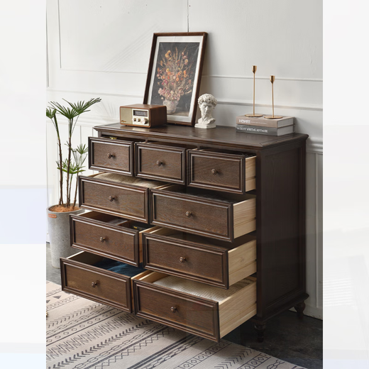 Visage Yuanshi Woody American solid wood light luxury nine-drawer cabinet storage cabinet simple modern bedroom living room storage cabinet retro drawer six drawers + dressing table + stool + mirror ivory white