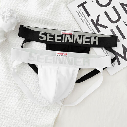 2 pack men's double thong underwear cotton low-waisted sexy butt-lifting U-convex comfortable solid color double thong underwear for boys black + white M