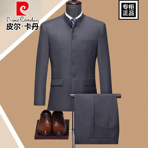 Pierre Cardin high-end no-iron wool suit for men in autumn new Chinese style dad Chinese style stand-up collar anti-wrinkle tunic suit for men black stand-up collar without splits 5532