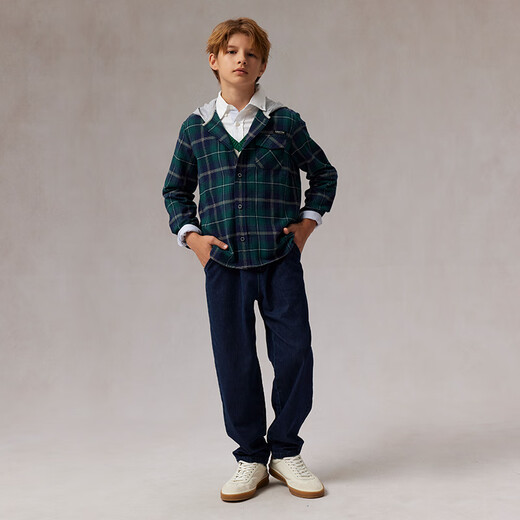 E LAND KIDS children's clothing boys' shirt plaid hooded shirt green 120