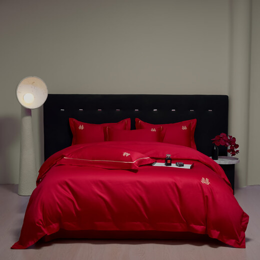 Mercury series home textiles high-end bright red wedding four-piece set wedding quilt cover pure cotton pure cotton sheets and fitted sheets bedding, the only 1.8 fitted sheet four-piece set quilt set 200*230