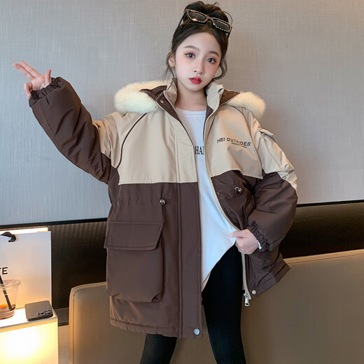 细仔码头儿童装女童派克服外套中大童毛领时尚加绒加厚中长款大衣棉服韩版 卡其色 毛领可拆卸 160