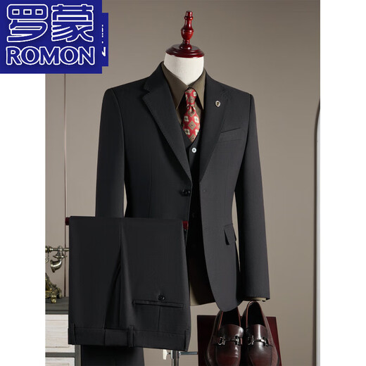ROMON high-end wool suit men's no-iron groom's wedding dress British business formal small suit men's jacket black three-piece suit top + pants + vest 3XL 56 148-160Jin Jin equals 0.5 kg to wear
