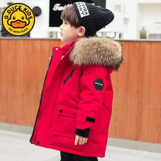 G.DUCKKIDS boys' down cotton padded coat thickened parka coat 2025 autumn and winter coat children's hooded large fur collar padded coat black 160 cm