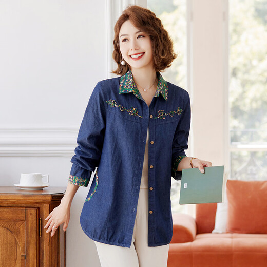 Paste denim shirt 2025 autumn new embroidered lapel middle-aged and elderly women's casual shirt navy blue 2XL