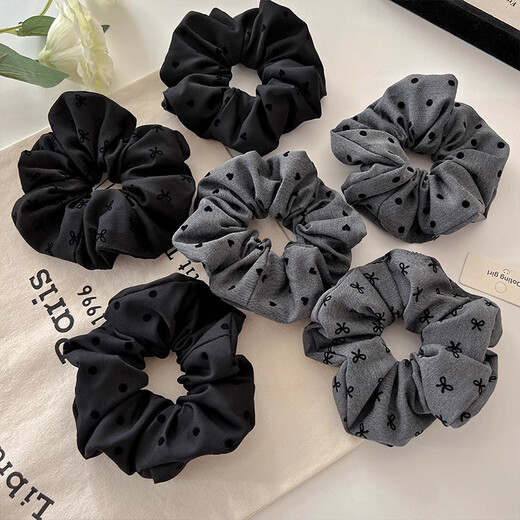 Garenbei 25 new autumn and winter Korean style high-end autumn and winter hair accessories with white elastic rubber band, simple and sweet temperament large intestine hair tie, bow large intestine hair tie 2 pieces, black + gray