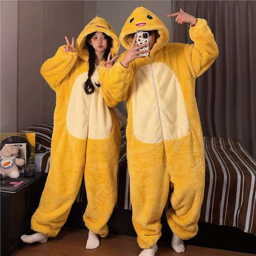 Mengdong Mickey Coral Velvet Pajamas Women's One-piece Couples Autumn and Winter Thick and Warm Men's Thickened Flannel Home Clothes SDM One-piece 81318 Milk Dragon 3XL Men's Size (170-200Jin Jin is equal to 0.5 kg