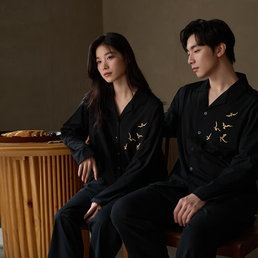 Sha Qian Couple Pajamas 2025 New Soft Cotton Men's Home Clothes Black Lapel Women's Spring and Autumn Wearable Outer Suit