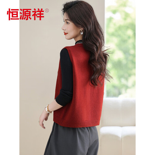 Hengyuanxiang knitted vest women's short 2025 spring and autumn new vest 100% wool vest with cardigan sweater jacket red. L