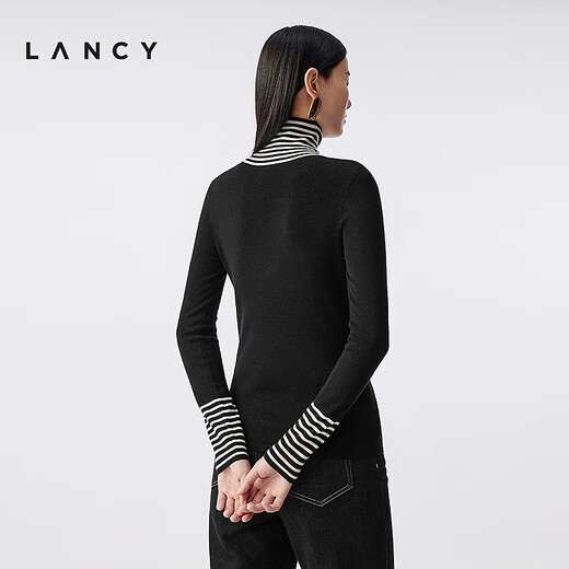 LANCY wool cashmere new winter versatile striped turtleneck slim knitted bottoming shirt for women black 2XL