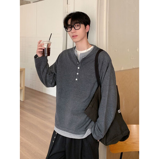 XUANSENTU fake two-piece henley sweatshirt men's autumn loose lazy style long-sleeved T-shirt American retro inner layering shirt glutinous beige upgraded model M