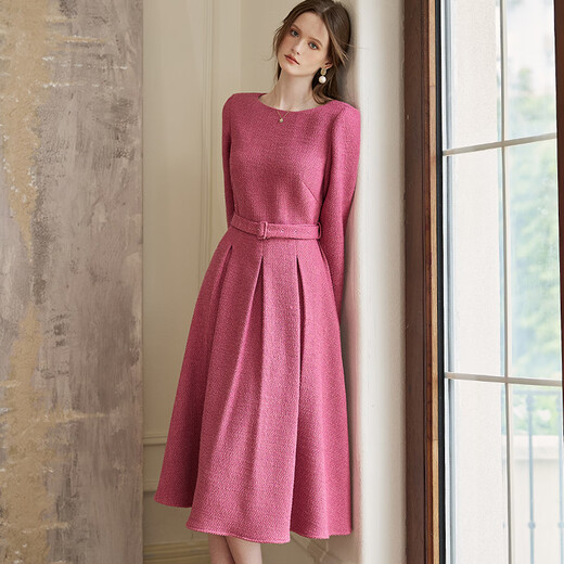 ROEYSHOUSE Luo Yi Elegant Strappy Tweed Dress 2025 Autumn Temperament Swing Skirt 09607 Rose Red M