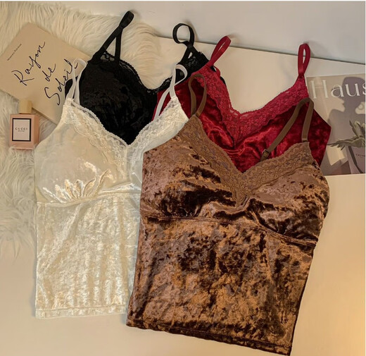 Landolan French sexy gold velvet pure lust lace camisole for women with breast pads, high-end slim bottoming top, white, one size fits all