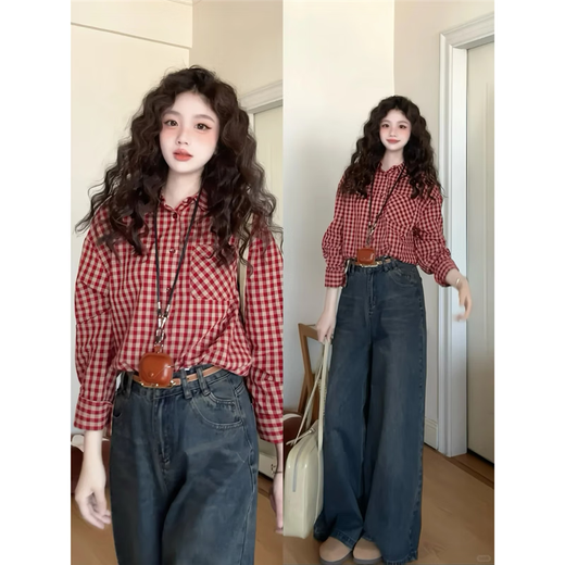 Hong Kong style retro red plaid long-sleeved shirt top for women 2026 new spring and autumn Korean style lazy style shirt jacket red plaid L 55/60kg