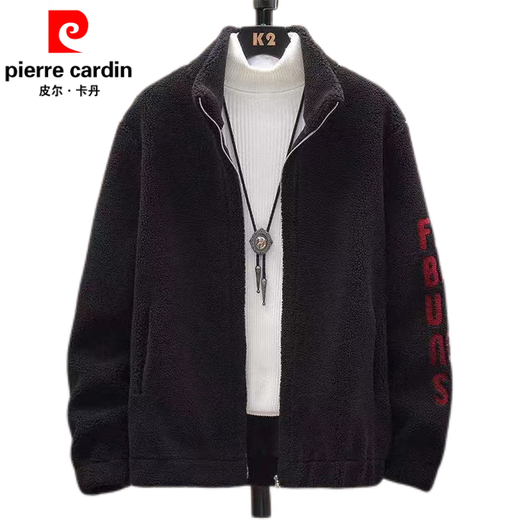 Pierre Cardin 2026 men's autumn and winter new imitation sherpa jacket men's stand collar trendy velvet thickened men's winter jacket GG09# gray single layer L 116-130Jin Jin equals 0.5 kg