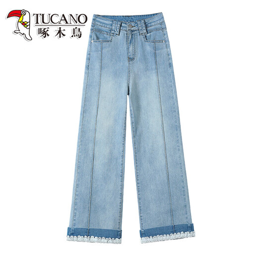 啄木鸟蕾丝阔腿牛仔裤女夏季薄款2025年新款辣妹超火九分显瘦直筒裤子女 浅复古蓝-九分 M