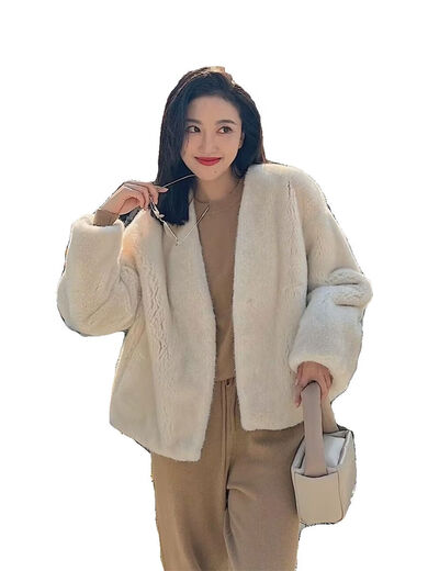 Coolnairo fur one-piece fur coat for women imitation velvet mink loose top V-neck fashion mink coat off-white L