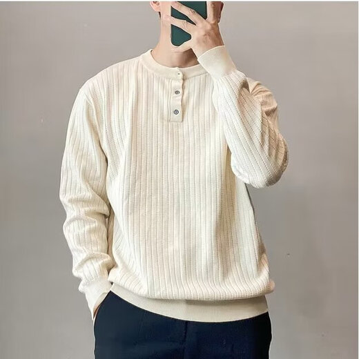 Light mature business casual henley collar bottoming sweater men's long-sleeved spring and autumn half-buttoned round neck solid color sweater white M