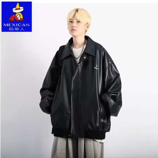 High quality black pu leather jacket men's autumn and winter velvet American style motorcycle jacket black velvet 3XL