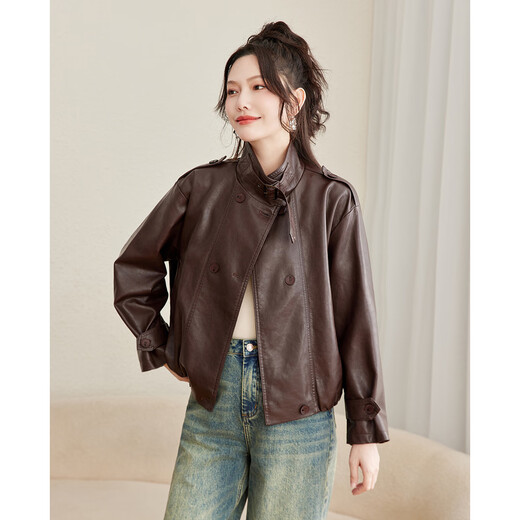 TERRE BLEUE motorcycle style women's leather jacket 25 autumn age-reducing temperament stand-up collar foreign style versatile casual leather short jacket
