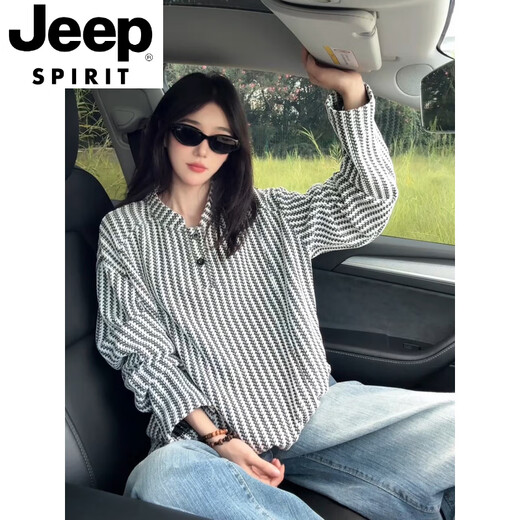 JEEP SPIRIT herringbone pattern American Henry collar sweatshirt men's autumn heavy houndstooth long-sleeved t-shirt polo inner layering shirt gray V-neck M (100-115Jin Jin equals 0.5kg)
