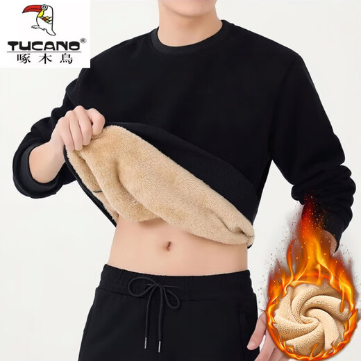 Woodpecker (TUCANO) velvet thickened trendy sweatshirt winter round neck pullover sherpa men's coat-like loose warm top Y900 sherpa warm black A080 XL 110-130Jin Jin equals 0.5 kg