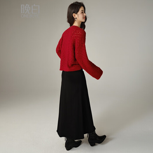 Late White New Product 2025 Autumn Fashionable and Versatile Chinese Red Sweater Solid Color Pullover Sweater Women Red S