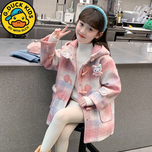 G.DUCKKIDS Girls Autumn and Winter Coat 2025 New Children's Woolen Mid-Length Velvet Thickened Little Girls Woolen Coat Pink 140