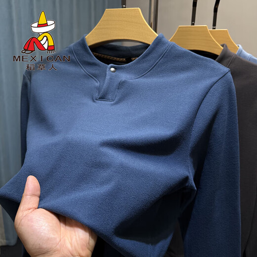 Scarecrow Double-sided German Velvet Henley Collar Slim Bottoming Shirt Men's Autumn and Winter T-shirt Men's Long Sleeve Thermal Brushed Underwear Gray L 170