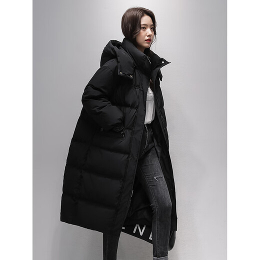 Flying in the Snow Long Down Jacket Women's 25 Winter New Loose Large Size Fashion Warm 90 Fleece Hooded Jacket Black S