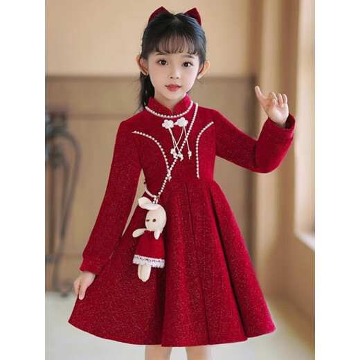 Girls dress winter girls dress autumn and winter little girl Chinese style retro princess dress children beautiful red plus velvet (without pendant) 100 cm